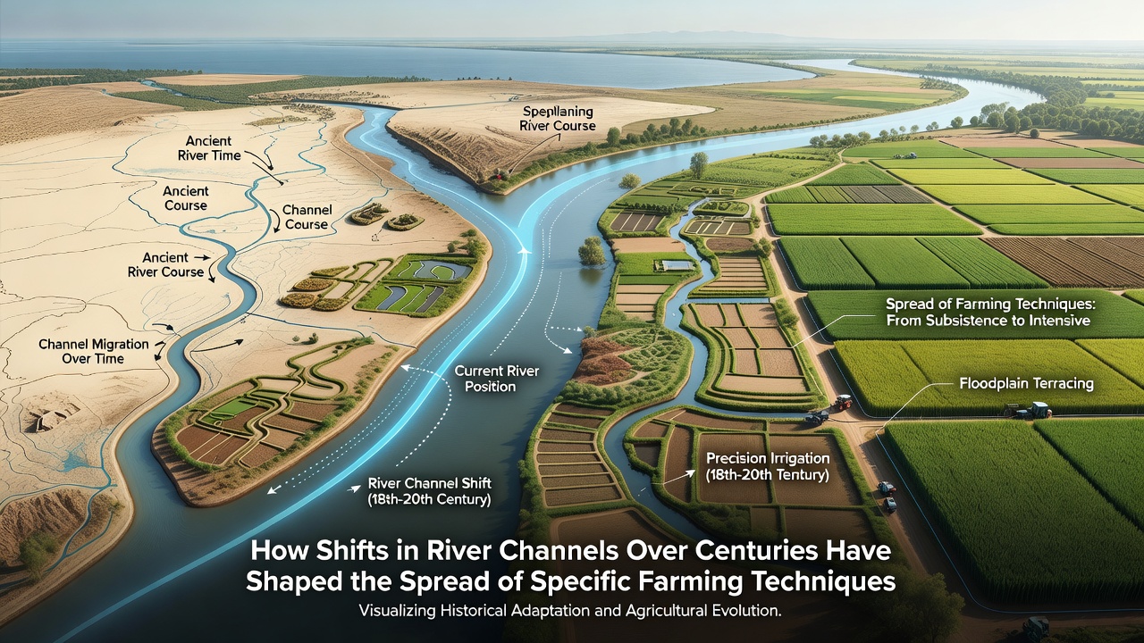 Historic map overlay showing old and current river channels with agricultural fields marked across a valley floor