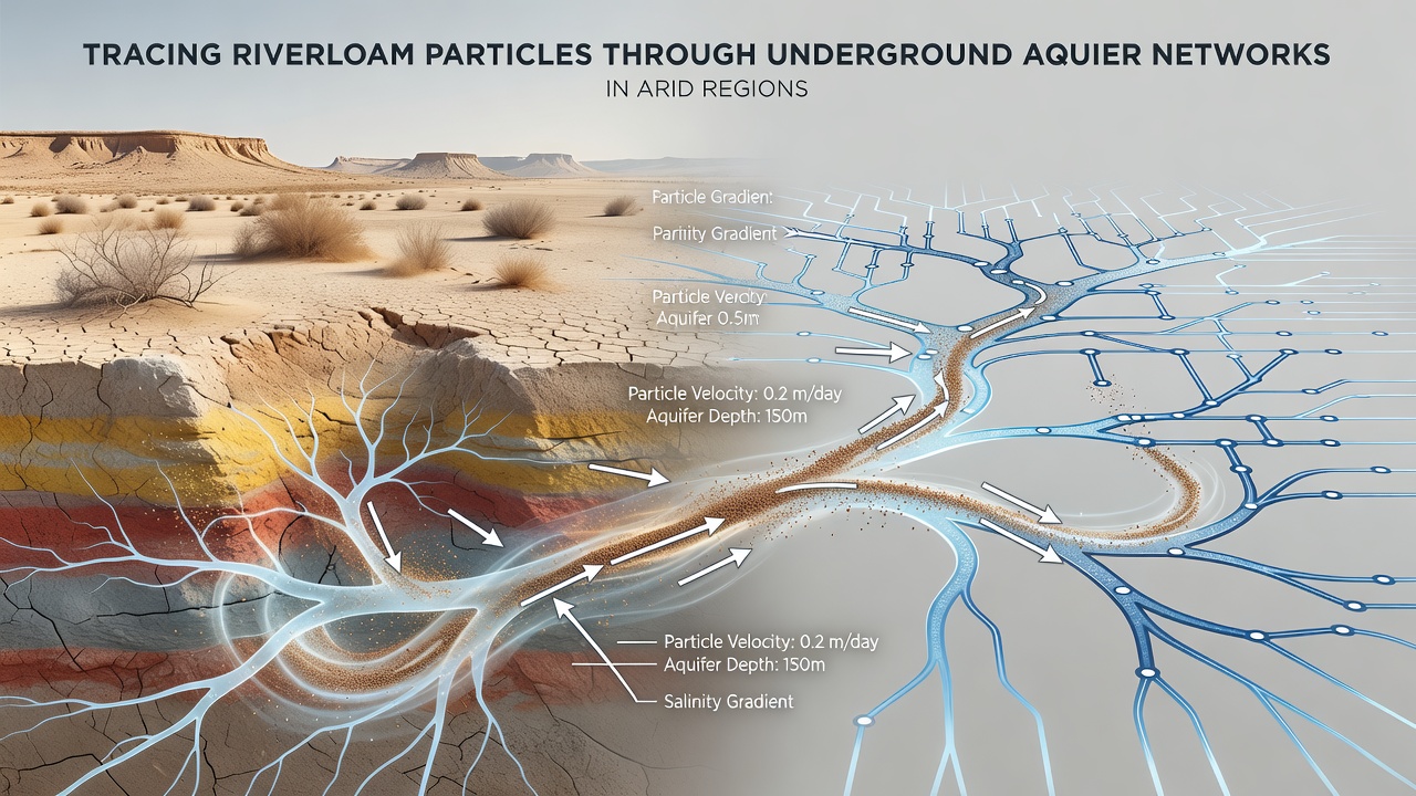 Cross-section diagram of underground aquifer with labeled riverloam particle pathways and fracture networks in arid terrain